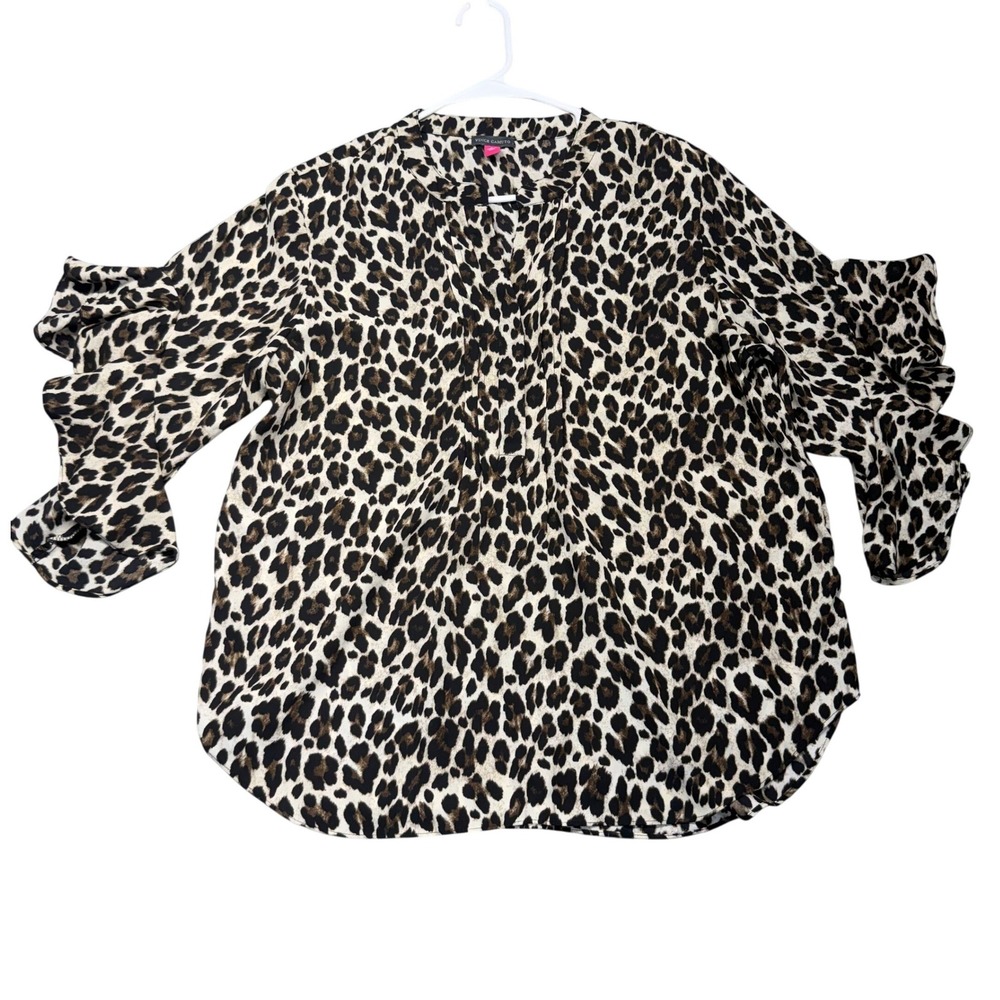 Vince Camuto Blouse Women Large Brown Leopard Print Ruffle Sleeve Split Neck Top